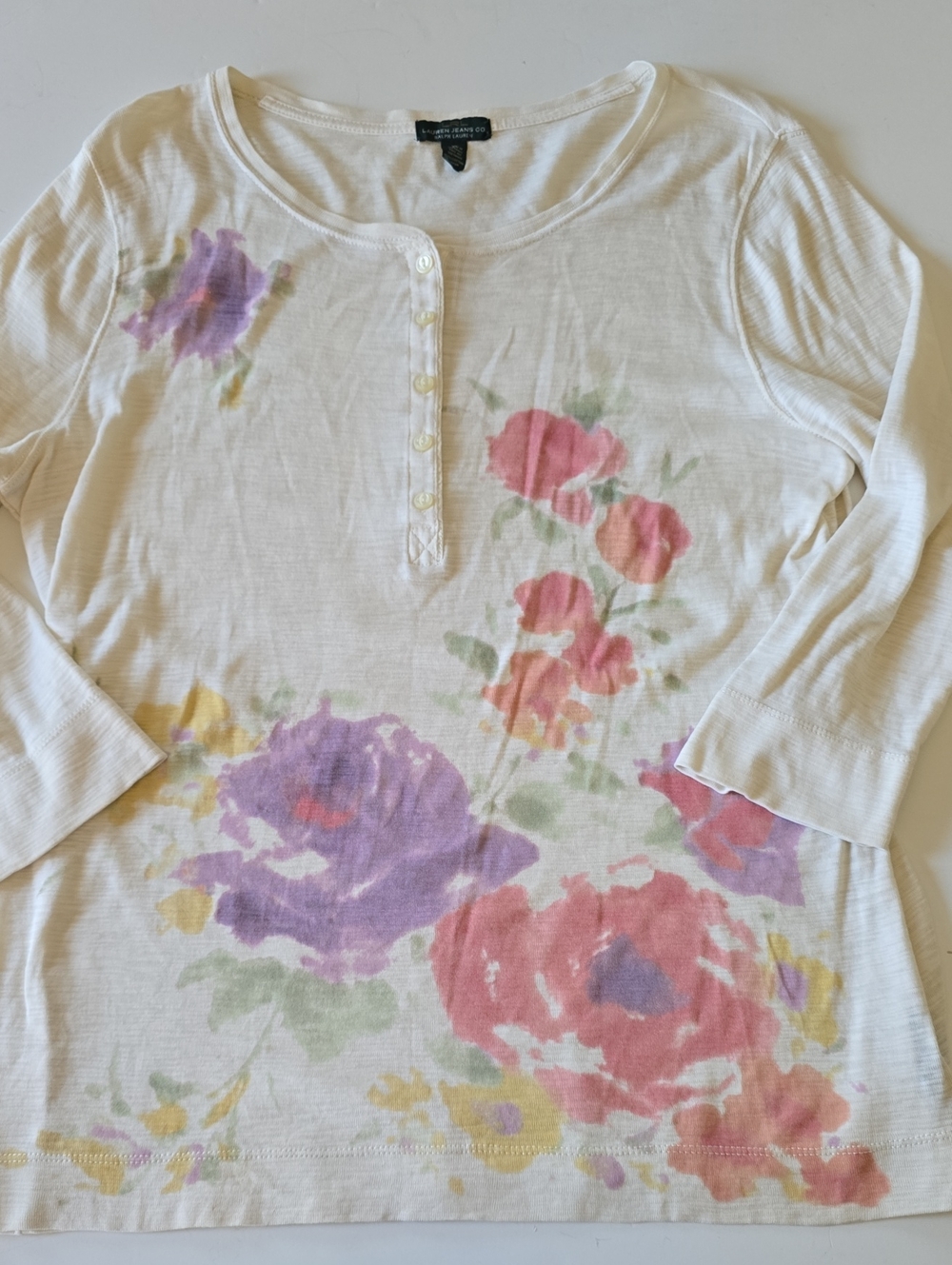 LRL Lauren Jeans White Floral Henley Long Sleeve Top with Pink & Purple Blooms